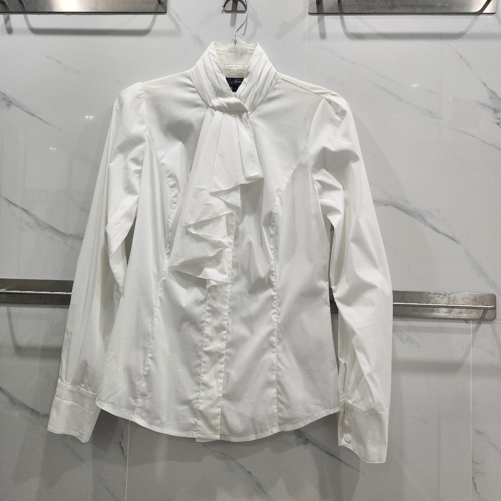 Luisa Spagnoli | Top | White Cotton Collar Ruffle Button Down Blouse